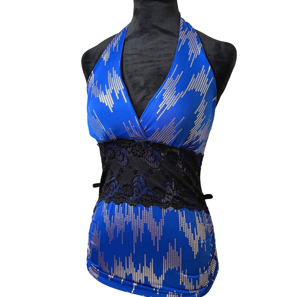 Women's VTG Solar USA Blue Halter Top y2K Pads Black Lace Sequin 90s Shirt SZ L